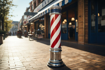 Sticker - A classic barbershop pole spinning outside, signifying a traditional place for grooming and relaxation. Concept of barbershop culture. Generative Ai.