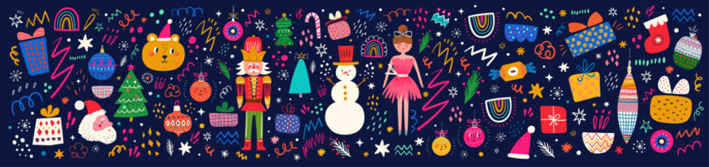 Wall Mural - christmas big decorative collection with gifts, funny nutcracker, ballerina, santa claus and snowman