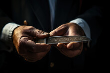 A Barber's Hand Holding A Vintage Straight Razor, A Symbol Of The Traditional Barbershop Trade. Concept Of Craftsmanship And History. Generative Ai.