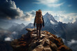A woman hiker reaching the summit of a challenging mountain, experiencing the thrill of adventure and accomplishment. Generative Ai.
