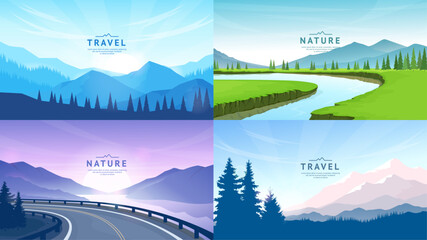 Wall Mural - A set of polygonal banners. Mountains and forest, river and green valley, sunset, silhouettes of fir trees. Minimalistic vector drawings. Poster, banner, postcard, gift card design.