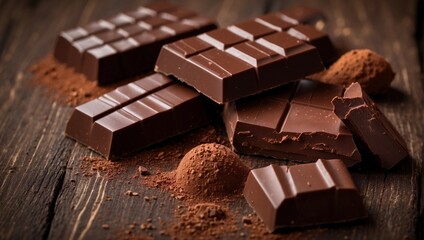 chocolate on wooden table with dark chocolate pieces