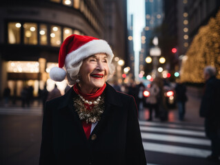 Wall Mural -  business people wearing a Santa hat walks down the street on Christmas night