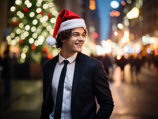 Wall Mural - A young business people wearing a Santa hat walks down the street on Christmas night