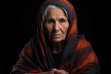 Poster - An elderly Palestinian woman sharing her stories of resilience and survival in times of conflict. Generative Ai.