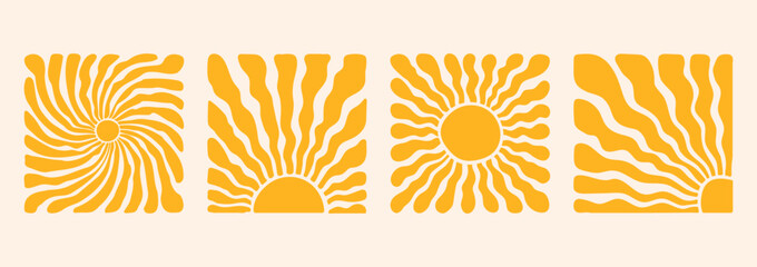 groovy retro abstract sun backgrounds. organic doodle shapes in trendy naive hippie 60s 70s style. c