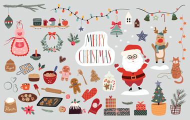 Wall Mural - Christmas time elements collection with  winter seasonal design, vector illustration, backing tools, Santa and Christmas tree
