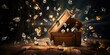 A treasure chest full of gold and silver stones ,Christmas wooden background with gift box Generative Ai

