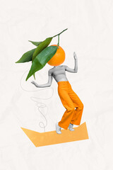 Sticker - Creative poster collage of young female dancing orange instead head tangerine cook eat food surrealism template metaphor artwork concept