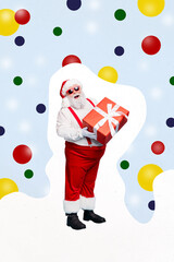 Sticker - Vertical creative composite concept collage photo of cheerful santa claus hold giftbox on christmas eve isolated drawing background