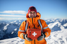 High-altitude Medic Holding First Aid Kit Background With Empty Space For Text 