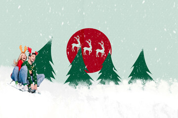 Poster - Creative collage of two excited funky partners ride sledge down hill snowfall forest painted flying reindeer isolated on winter background