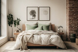 Fototapeta  - Bedroom in a scandinavian interior style with neutral decor and posters above the bed, minimalist style. Generative AI