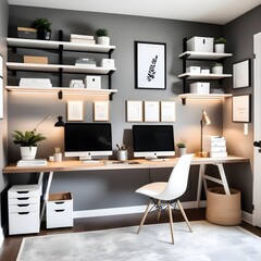 Wall Mural - Home Office Setup: A stylish and functional workspace with ergonomic furniture, organized shelves, and sufficient lighting to promote productivity.

