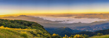 Tropical Forest Nature Landscape View With Mountain Range And Moving Cloud Mist At Kew Mae Pan Nature Trail, Doi Inthanon, Chiang Mai Thailand Panorama