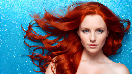 Wall Mural - Red dyed hair on blue background