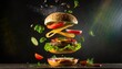 product shot of a burger, floating ingredients; food photography style in movement with polarizing filter and dark background for graphics on products media social networks copy space