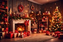 Christmas Fireplace With Christmas Tree