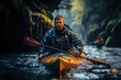 Man kayaking down a river surrounded by dark, lush forest with focus on strength and adventure in the wilderness.