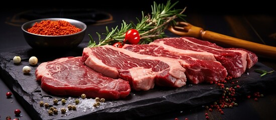 Wall Mural - Raw rib eye beef steak. AI generated image