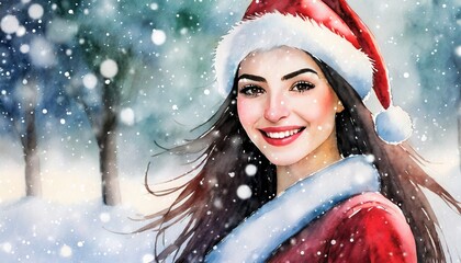 An illustration portrait of a smiling female Santa, snowy outside, copy space