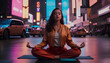 young woman looks for concentration in a chaotic city like New York - meditation - concentration - relax