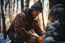 A Maple Syrup Producer Tapping Trees And Collecting Sap During The Sugaring Season. Concept Of Syrup Production And Traditional Methods. Generative Ai.