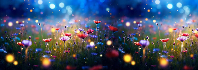 Banner Wild flower field in the night magical lights. Summer meadow. Fantastical fantasy background of magical purple dark night sky with shining bokeh lights copy space