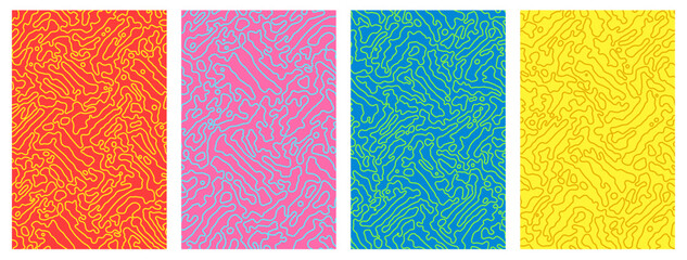 Set of bright colorful cards with textures. Abstract Turing ornament halftone reaction diffusion psychedelic background.