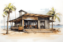 Watercolor Sketch And Lines Of The Exterior Of A Coffee Shop Building On The Beach