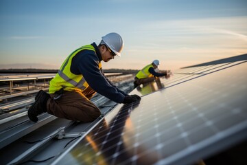 Dedicated Workers Installing Solar Panels at Sunrise