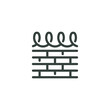 Thin Outline Icon Brick Wall With Barbed Wire. Such Line Symbol as Value Lock-in, Barrier, Prison, Protection. Vector Computer Isolated Pictogram for Web on White Background Editable Stroke.