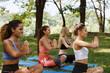 Friends yoga class meditation. Group of young woman teenager practicing yoga in outdoor park at summer morning weekend.