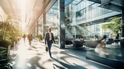 Wall Mural - Blurred business people fast movement in office building by Generative AI