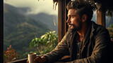 Fototapeta  - A wide horizontal photo banner image of tired man thinking and looking outside from a topical hotel window and drinking a coffee in a cold day and misty mountain background