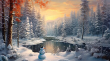 A Panoramic Snowscape Featuring A Happy Snowman And A Serene Winter Forest.