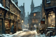 Winter Scene In A Snow Covered Old-fashioned English Town Street With Snow Covered Road And Old Shops With Lights In The Windows