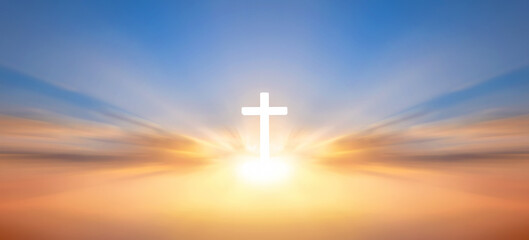 Wall Mural - White shining Christian cross on the orange cloudy sky background