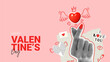 Retro banner for Valentine's day. Vector illustration with halftone hand shows heart sign. Vintage collage with cut out symbols of Valentine's day. Hand gesture with halftone effect.