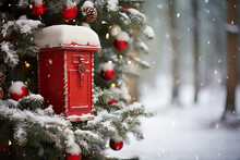 Red Post Box In Snow At Christmas. Mail Santa