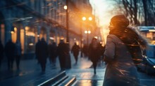 Blurred Fast Movement Of People On A Winter Street By Generative AI