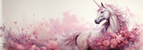 Fototapeta Dziecięca - Magical cute unicorn pink fantasy background. Watercolor unicorn, magical unicorn pastel colored illustration white background.