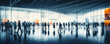 blurred business people walking at a trade fair, conference or walking in a modern hall, motion speed blur, wide panoramic banner
