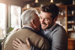 © Concept Island - Fathers Day. Middle-aged man embracing his elderly father. Emotion and love.
