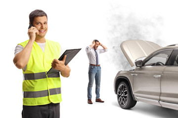 Canvas Print - Car breakdown, SUV with an open hood and smoke and man waiting