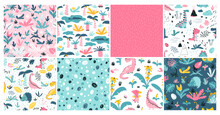 Dino Set Of Seamless Patterns For Girls. Baby Vector Illustration Of Funny Cartoon Character In Colorful Pink Palette. Doodle In A Childish Hand-drawn Scandinavian Style.