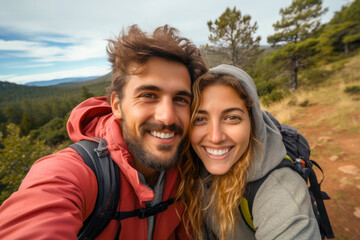 Cute romantic couple taking a selfie while hiking in a forest. Autumn season. Concept of togetherness in nature and wanderlust