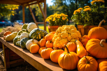 presentation of fall autumn farmers market with pumpkins vegetables on display