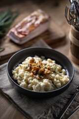 Wall Mural - Halusky as traditional Slovak potato gnocchi with sheep cheese bryndza, fried bacon and chives