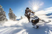A Guy Rides A Snowmobile Against The Background Of A Winter Forest, Leaving A Trail Of Splashes Of White Snow. A Bright Snowmobile And A Suit Without Brands. Extreme Sports. Banner